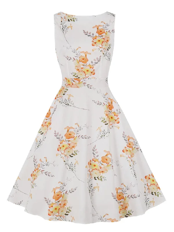 O-Neck Sleeveless Floral Print 50s A-Line Summer Women Pocket Side Vintage Dress Best floral dresses for curvy figures