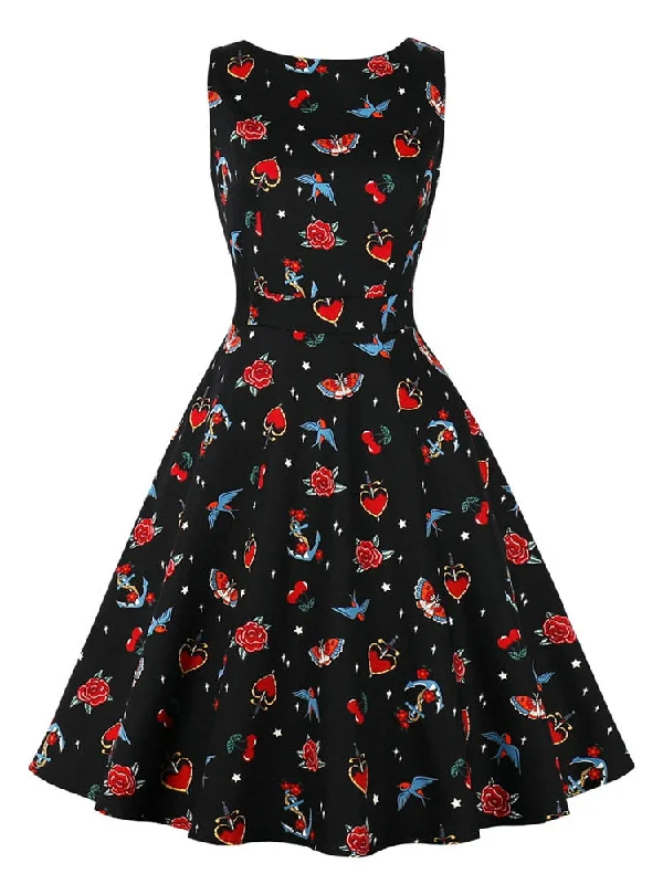 O-Neck Sleeveless Plaid and Fruit Print Women Pinup 50s Vintage Cotton Pockets A-Line Retro Dress Women's trendy floral dresses sale