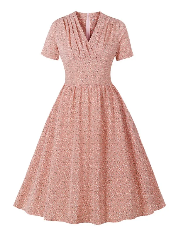 Ruched V-Neck High Waist Floral Pinup Retro Elegant Short Sleeve Pink Women Vintage Pleated Pocket Dress Versatile floral dresses for all occasions