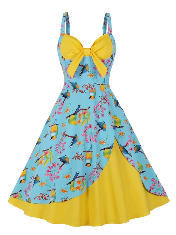 Sexy V-Neck Bird and Floral Print Pinup 50s Yellow Patchwork Rockabilly Women Spaghetti Strap Vintage Dress Hot new arrivals in floral dresses