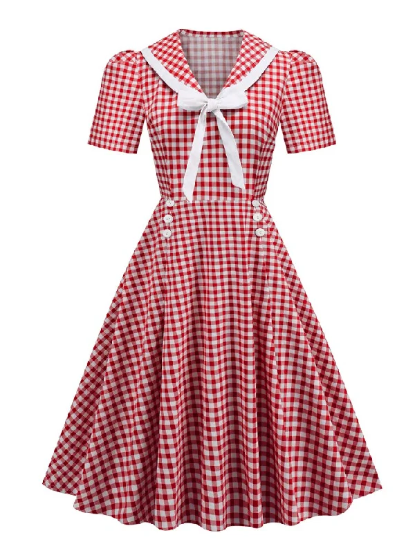 Shawl Collar Bow Front Gingham Print Pinup Vintage Cotton Women Button Elegant Plaid Rockabilly Dress Short floral dresses