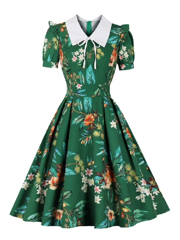 Turn-Down Collar Short Sleeve Summer Retro Floral Holiday Women High Waist Pleated Vintage Green Dress Smocked floral dresses