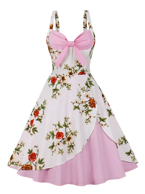 V-Neck Bow Front Pink and Floral 50s Rockabilly Cotton Spaghetti Strap Party Elegant Summer Dress Shein floral dresses