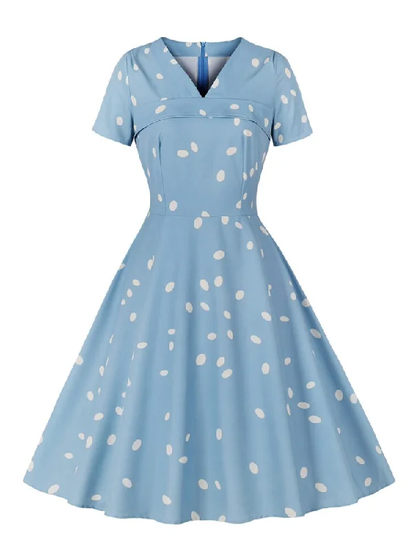 V-Neck Short Sleeve Vintage A Line Dress in Light Blue Women Summer Dot Print Evening Beach Dress Tiered floral dresses