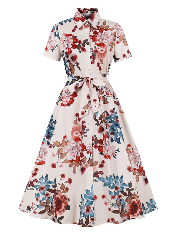 Vintage Short Sleeve Buttons Casual Summer Floral Shirt Turn-Down Collar Belted Long Dress Best floral dresses for casual outings