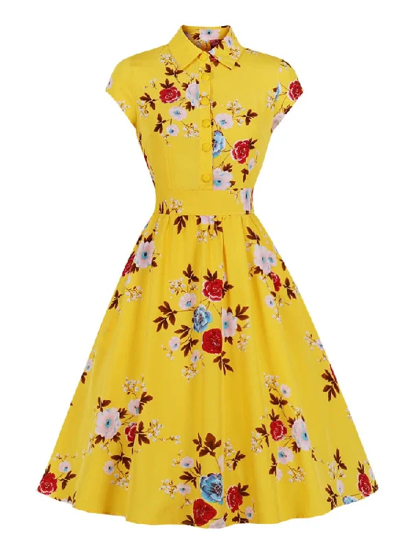 Yellow Turn-Down Collar Button Up Floral Vintage Summer Shirt Cap Sleeve Women High Waist Pocket Pleated Dress Plus size floral dresses