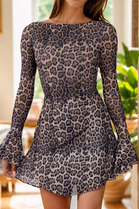 Blue Zone Planet |  Backless Leopard Flare Sleeve Dress Travel unclassified dresses