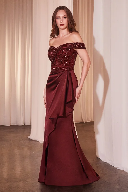 Beaded Satin Fitted Off Shoulder Gown by Ladivine CR877 Wedding guest unclassified dresses