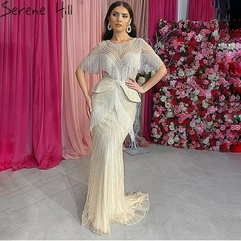 Dubai Beige Tassel Beading Mermaid Evening Dresses Design 2024 Half Sleeves Luxury Sexy Formal Dress Serene Hill LA70342 Silk unclassified dresses