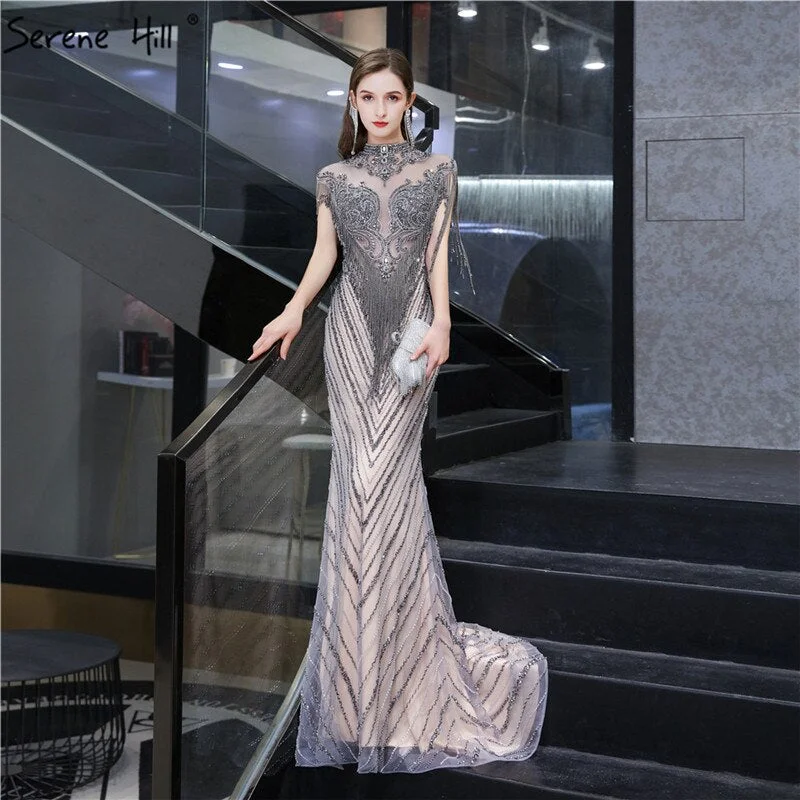 Dubai Luxury High-end Sexy Evening Dresses 2024 Champagne Grey Beading Tassel Formal Dress Serene Hill LA60811 Trendy new unclassified dresses