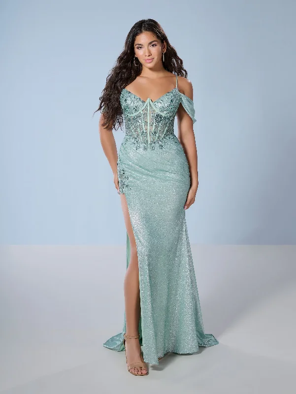 Fitted Cold Shoulder Slit Gown by Tiffany Designs 16250 Anniversary unclassified dresses