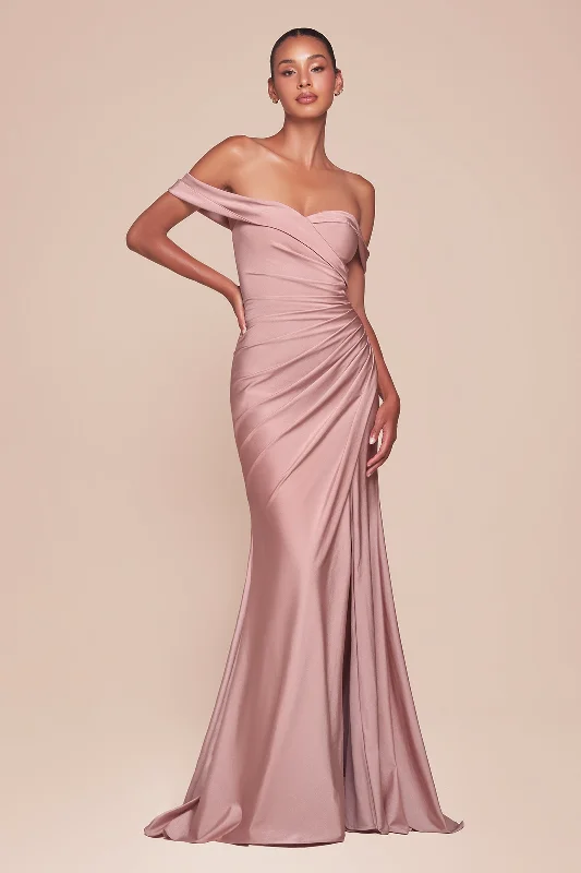 Satin Fitted Off Shoulder Slit Gown by Ladivine CD790 - Outlet Engagement unclassified dresses