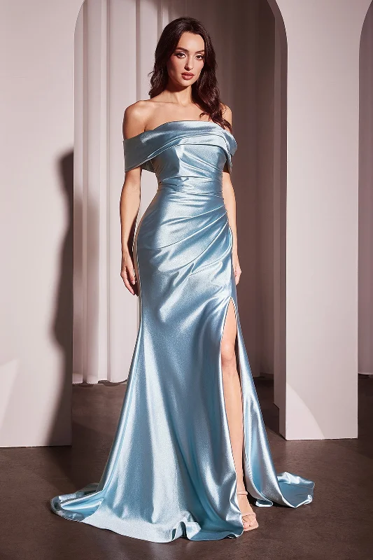 Satin Fitted Off Shoulder Slit Gown by Ladivine J877 Lightweight unclassified dresses