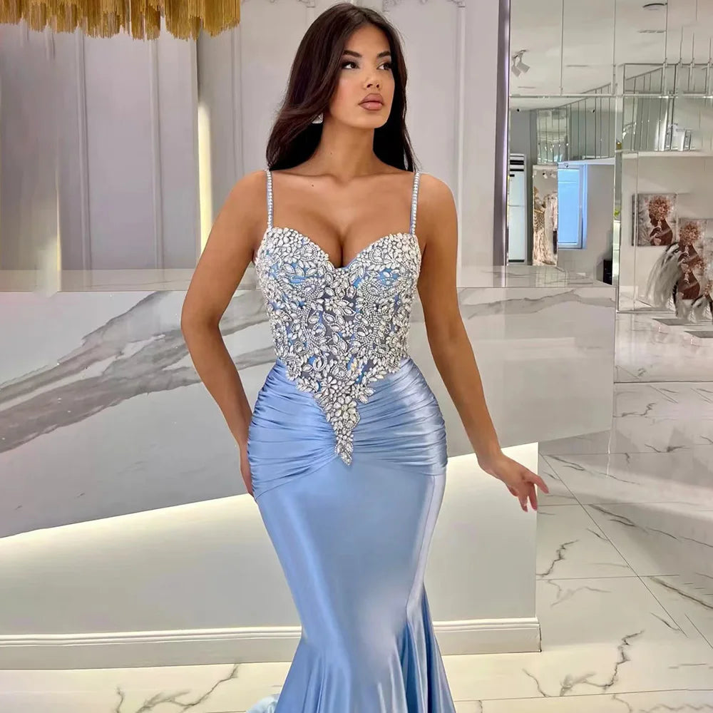 Serene Hill 2024 Arabic Blue Spaghetti Strap Satin Mermaid Gown Luxury Beaded Saudi Evening Dress for Formal Occasion LA72729 Vintage unclassified dresses