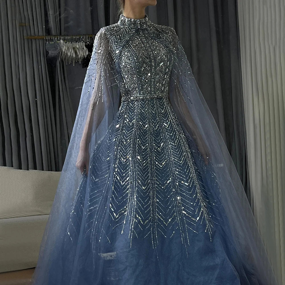 Serene Hill 2024 Blue Beaded Design A-Line Saudi Arabic Evening Dresses Gowns with Cape Sleeves for Formal Occasion LA72728 Sexy unclassified dresses