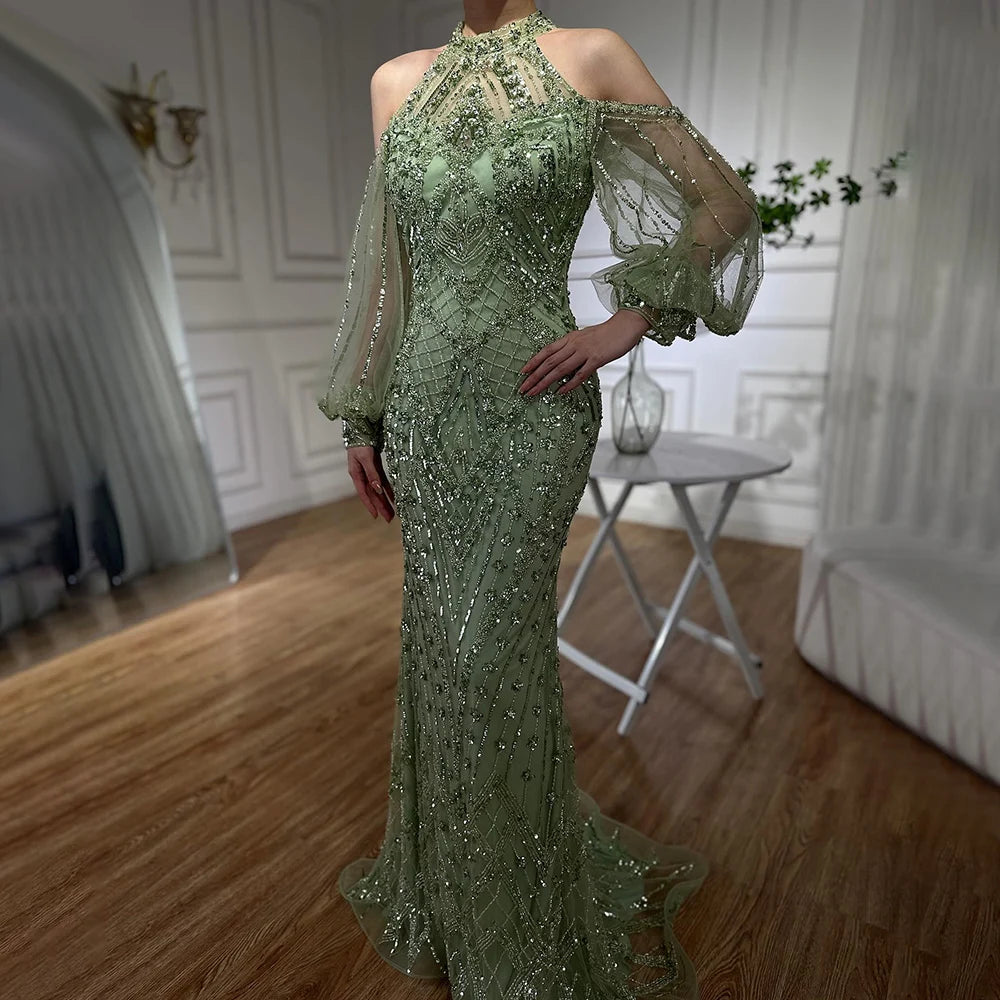 Serene Hill 2024 Elegant Sage Green Halter Neck Beaded Luxury Mermaid Evening Dress for Formal Occasion Saudi LA72737 Popular unclassified dresses