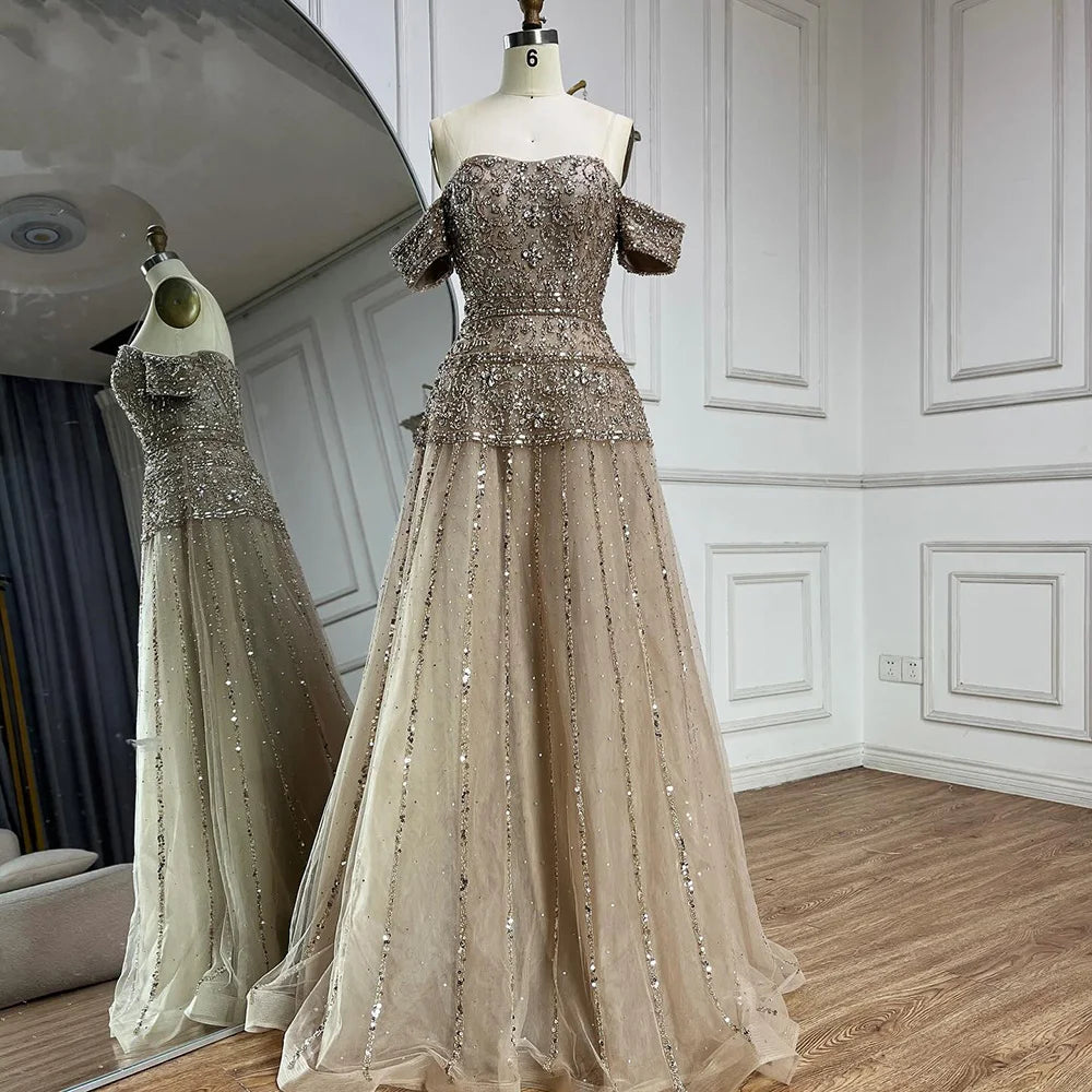 Serene Hill 2024 Off The Shoulder A-Line Caramel Beaded Luxury Evening Dress for Formal Occasion Saudi LA72709 Ruched unclassified dresses