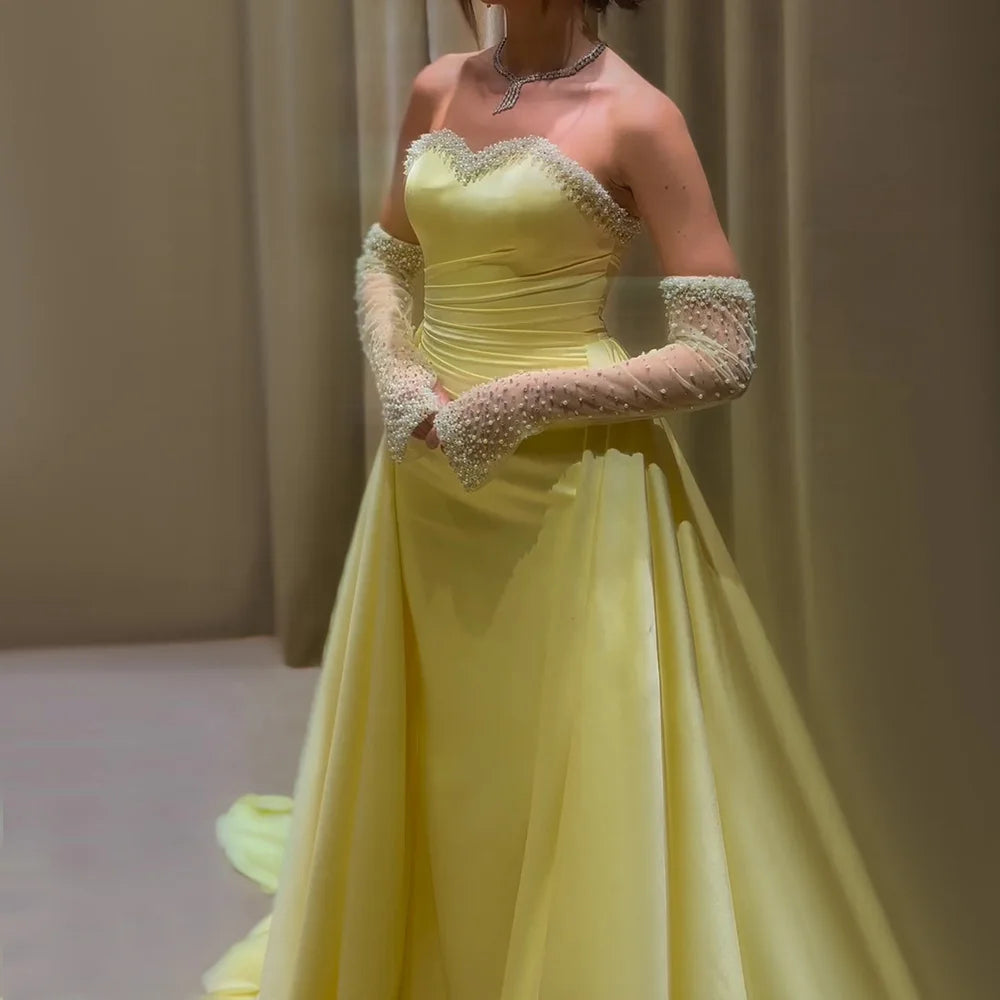 Serene Hill 2024 Saudi Arabia Yellow Mermaid Elegant Detachable Sleeves Luxury Beaded Evening Gown for Formal Occasion LA72777 Flowy unclassified dresses