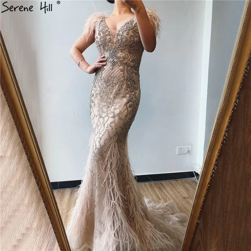 Serene Hill Champagne Mermaid Elegant Evening Dresses Diamond Feathers Sleeveless Formal Luxury Beaded 2024 LA70350 Chiffon unclassified dresses