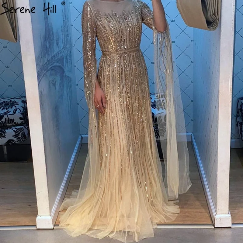 Serene Hill Luxury  Gold  Beading A-Line  Cape Sleeves Evening  Gown For Woman Dresses 2024 Fromal Dress  LA70637 Tiered unclassified dresses