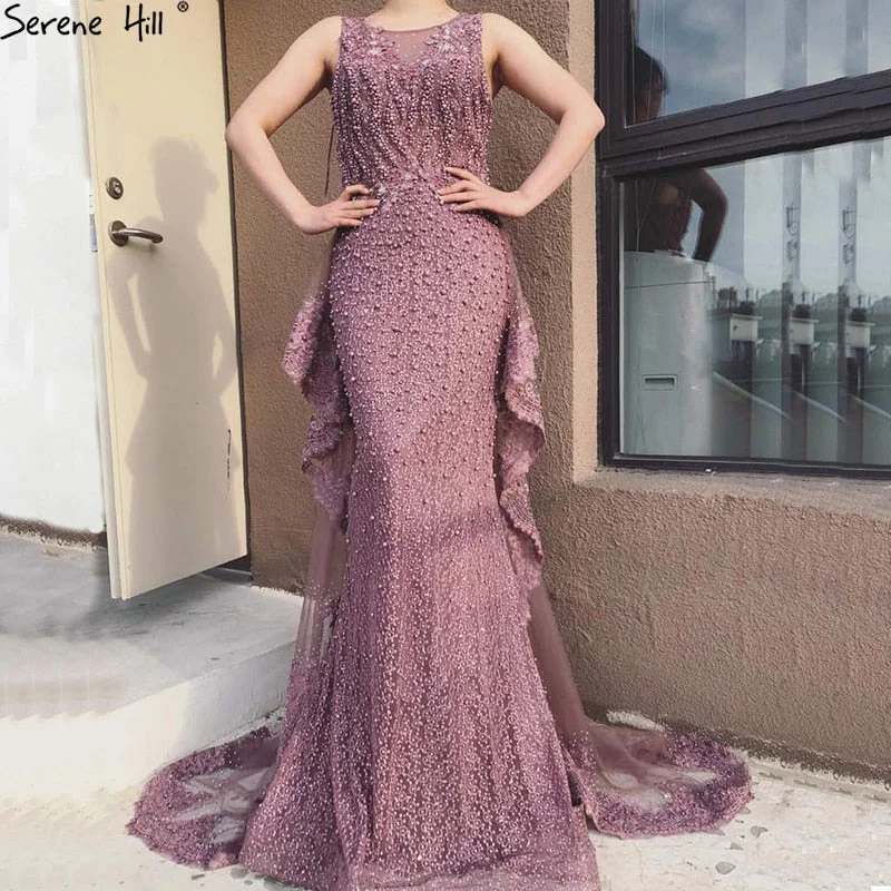 Serene Hill Pink Mermaid Elegant Sleeveless Sexy Evening Dresses Pearls Fashion Off Shoulder Gowns Luxury Beaded 2024 LA6527 Lace unclassified dresses