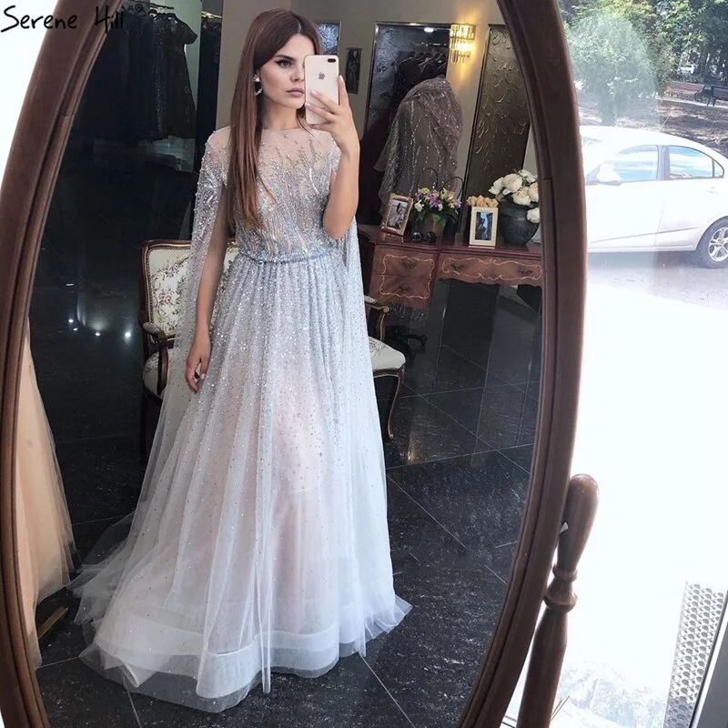 Sliver Arabic Luxury Beading Cape Sleeves  A-Line Evening Dresses 2024 O-Neck A-Line Sexy Evening Gowns cerene Hill LA60869 Bold pattern unclassified dresses