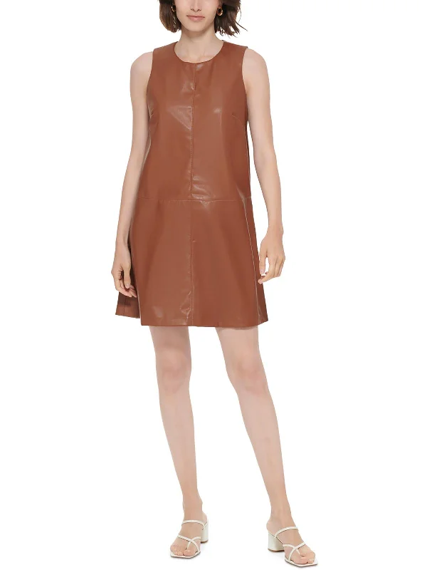 Womens Faux Leather Mini Shift Dress Skirt with Buttons