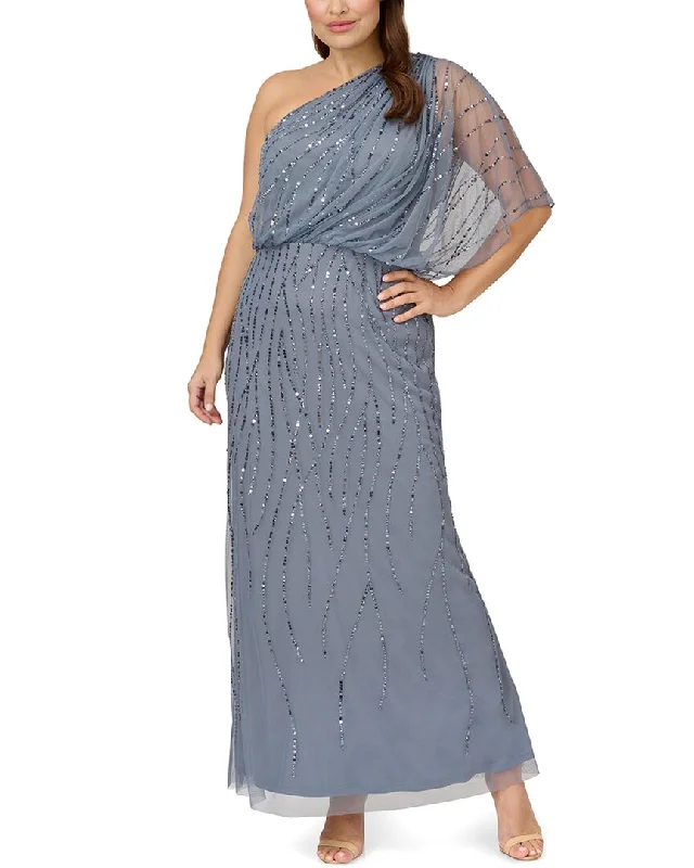 Adrianna Papell Long One Shoulder Beaded Dress Denim Maxi Skirt