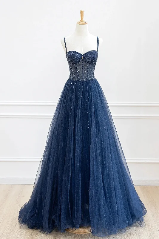 Blue Tulle Beaded Long Prom Dress Formal Dress Ruffle Maxi Skirt