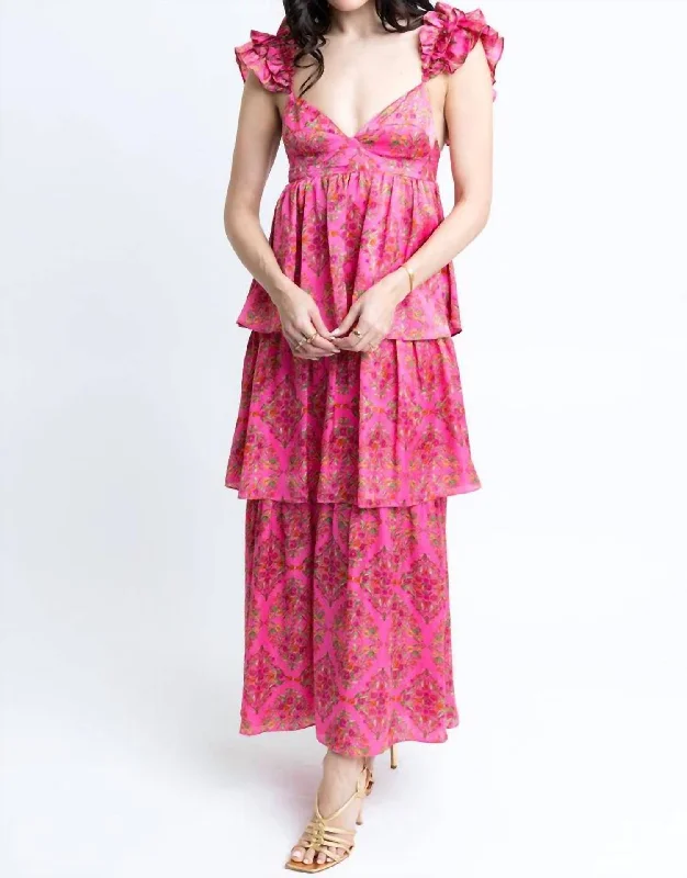 Floral Ruffle Maxi Dress In Pink Silk Maxi Skirt