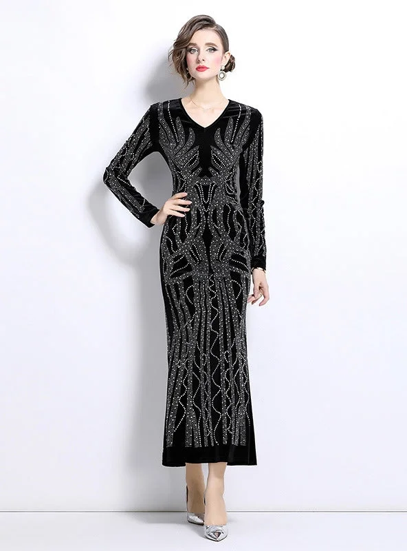 Hot Drilling Long Sleeve V-neck Velvet Dress Ruffle Long Maxi