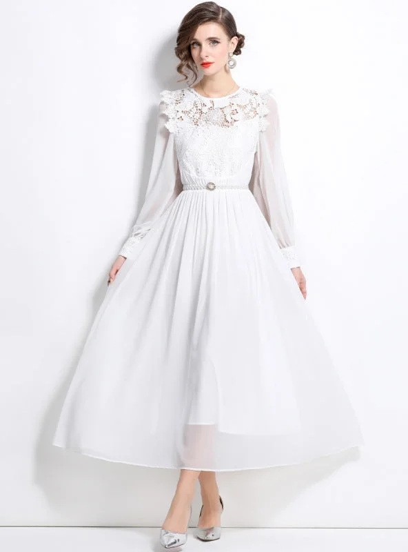 Lace Stitching Chiffon Long Sleeve Dress Maxi Skirt Dress