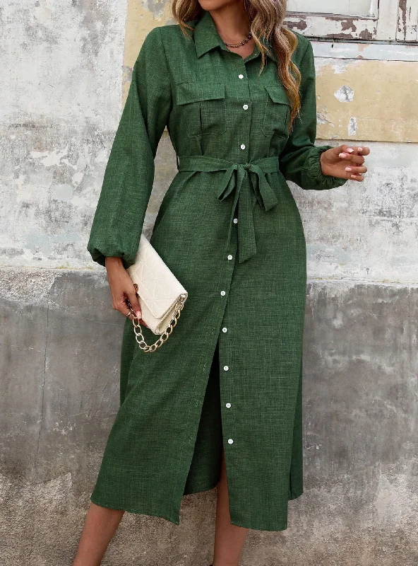 Lapel Green Long Sleeve Solid Color Dress Wrap Maxi Skirt