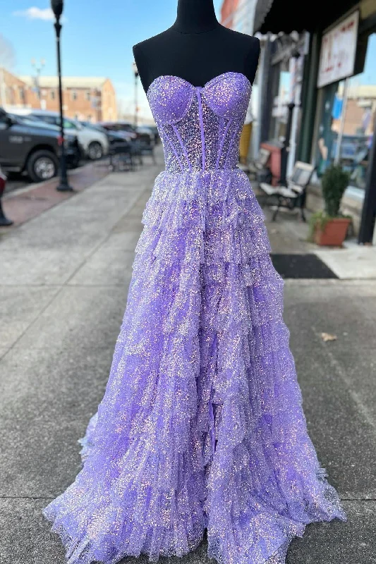 Lavender Glitter Tulle Corset Ruffle Tiered Long Prom Dress with Slit Full Maxi Skirt