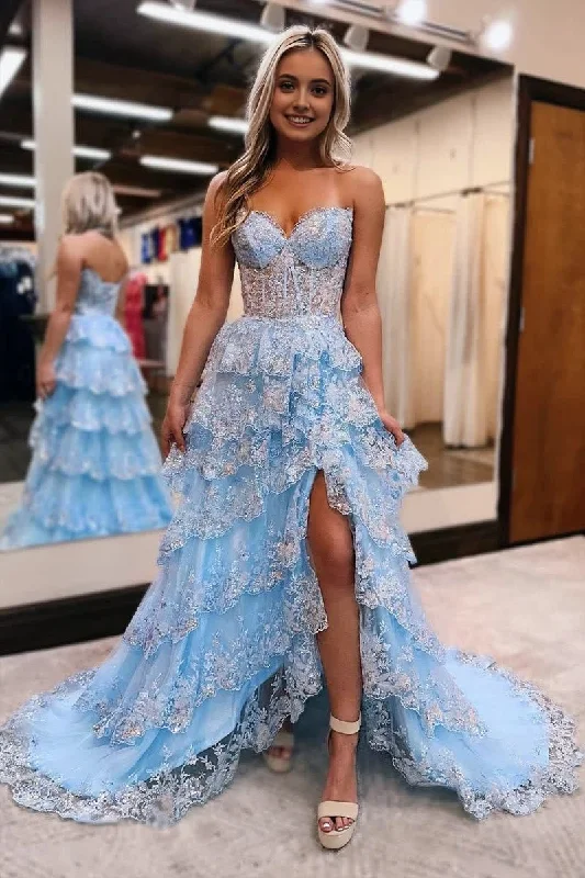 Light Blue Strapless Ruffle Tiered Long Prom Dress with Slit Colorful Maxi Skirt