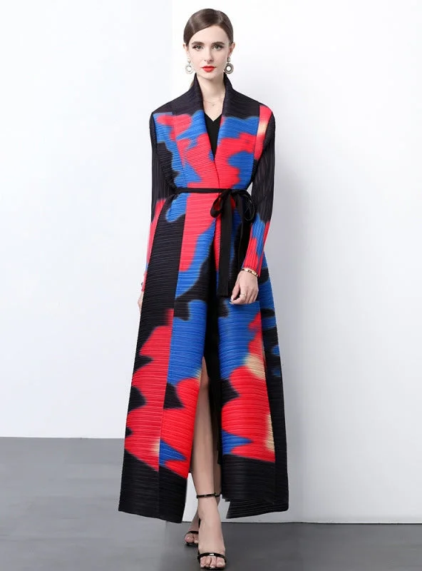 Long Sleeve Pleats Loose Large Print Coat Soft Maxi Skirt