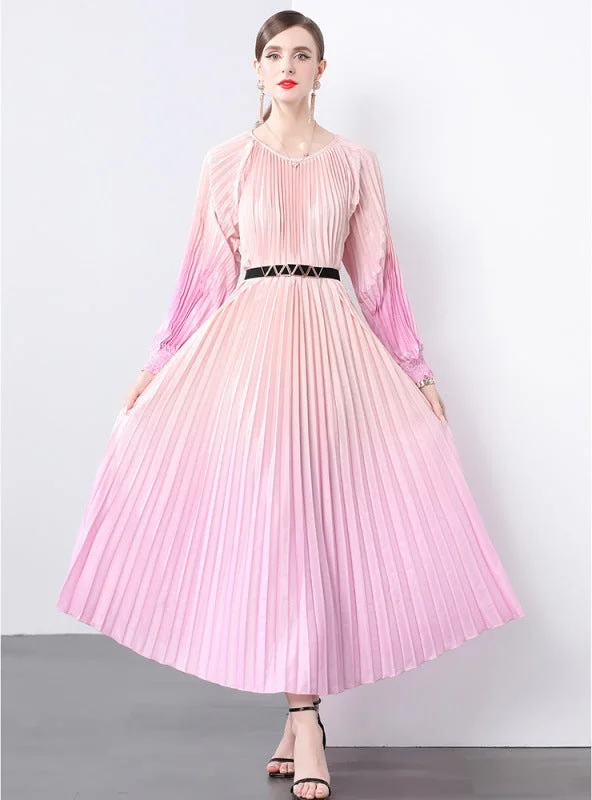 Long Sleeve Print Oversized Pleated Dress Soft Flow Maxi