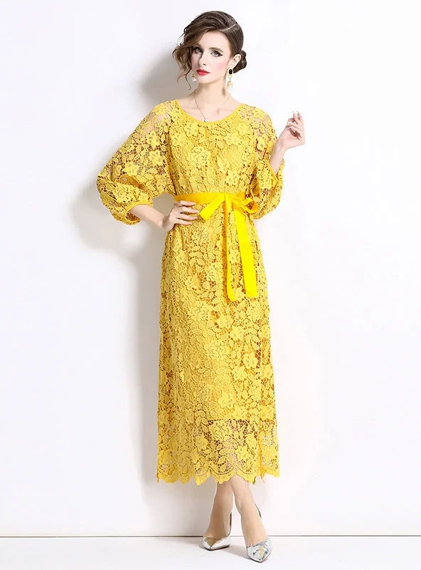 Long Sleeve Round Neck Slim Waist Lace Dress Casual Maxi Outfit