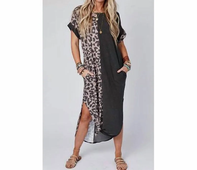 Maxi Dress With Rolled Sleeves In Black Leopard Slim-fit Maxi Skirt