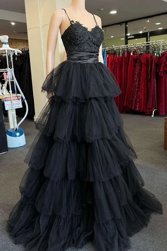 Multi-Tiered Black Straps A-Line Long Prom Dress Boho Maxi Skirt