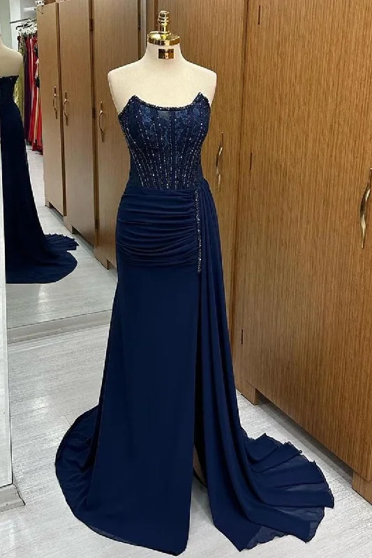 Navy Lace Beaded Strapless Long Formal Dress with Attached Train Pleated A-line Skirt