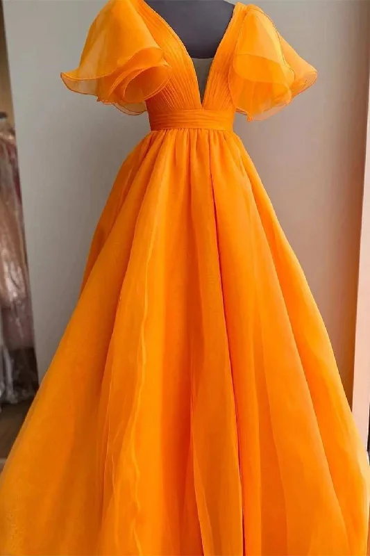 Orange Plunge V Ruffled Sleeve A-Line Long Formal Dress A-line Maxi Skirt