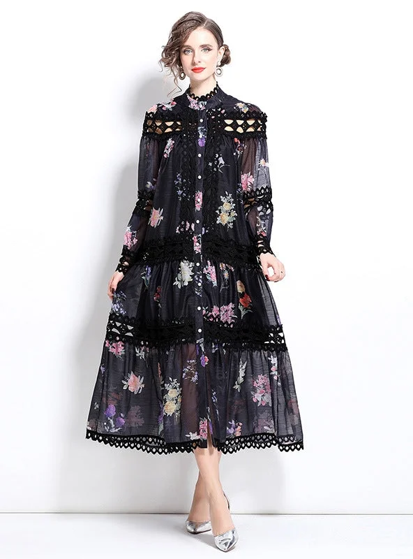 Palace Printed Long Sleeve Buttons Dress Printed Maxi Skirt