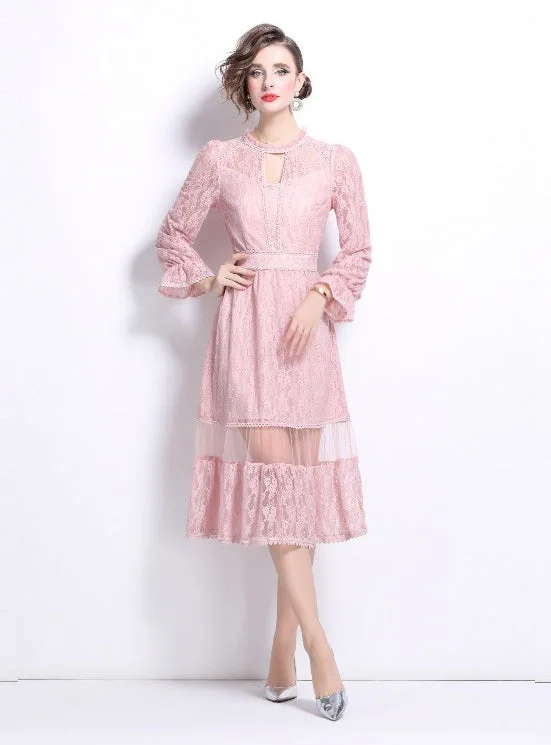 Pink Long-sleeved Stitching Lace Dress Lace Detail Maxi