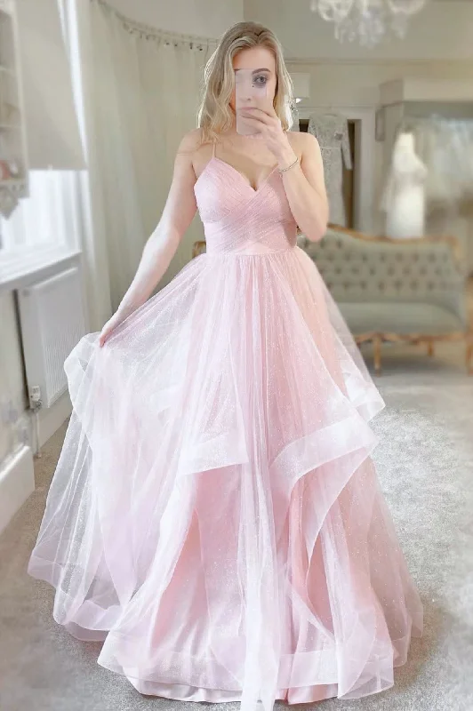 Pink Tulle Long A-Line Prom Dress Pink V-Neck Graduation Dress Embroidered Maxi Skirt