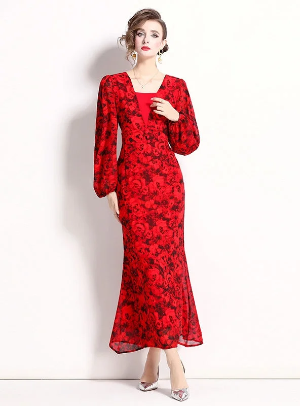 Red Long Sleeve Print Dress Comfortable Long Skirt