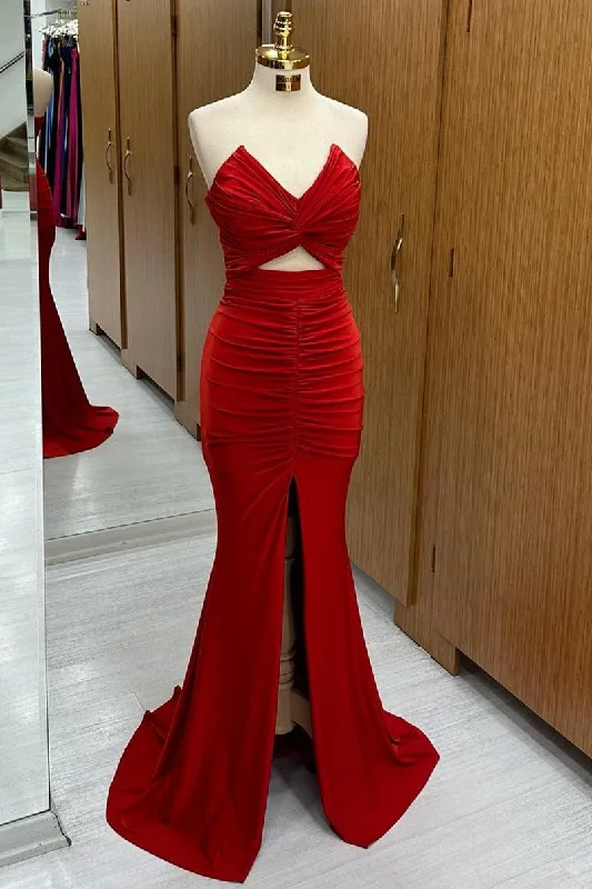 Red Strapless Twisted Knot Mermaid Long Formal Dress with Slit High-Waist Maxi Skirt