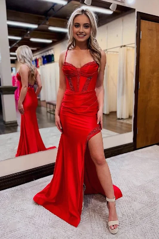 Red Sweetheart Satin Mermaid Long Prom Dresses with Beading High-Waisted Maxi Skirt