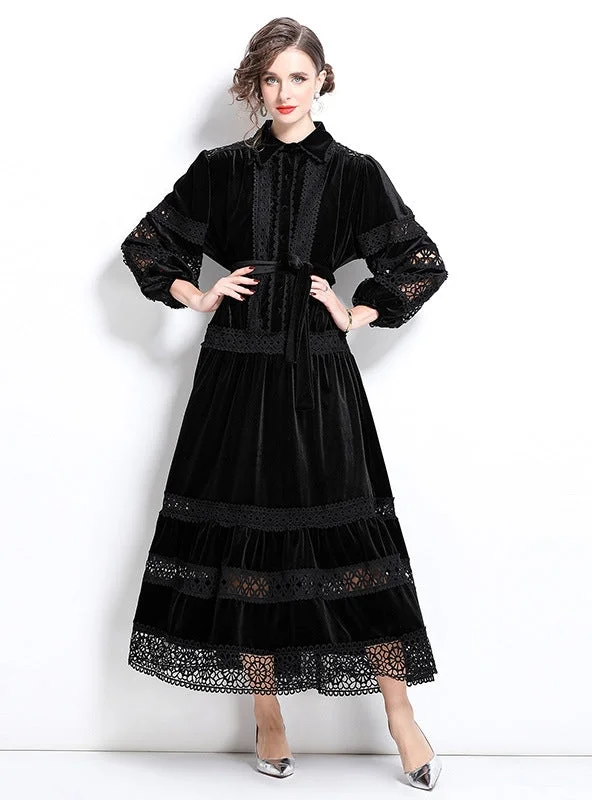 Retro Lace Velvet Long Sleeve Dress Comfortable Maxi Skirt