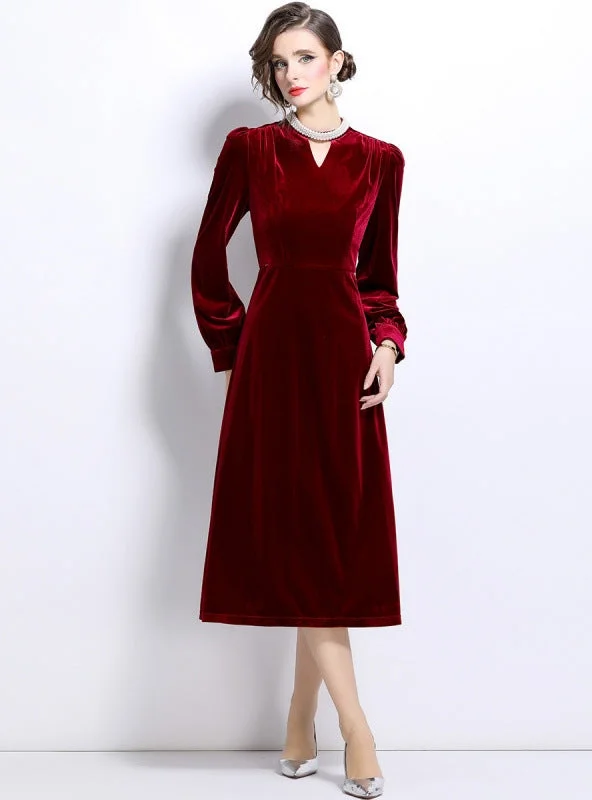 Retro Long Sleeve V-neck Velvet Dress Stretch Maxi Skirt